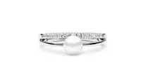 Eleganter Ring mit weißer Perle und parallelem Zirkoniaring, 925er rhodiniertes Silber, Gaura Pearls, Estland